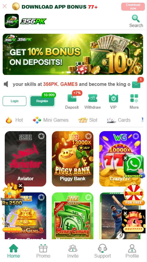 356PK Games with Aviator and Piggy Bank interface